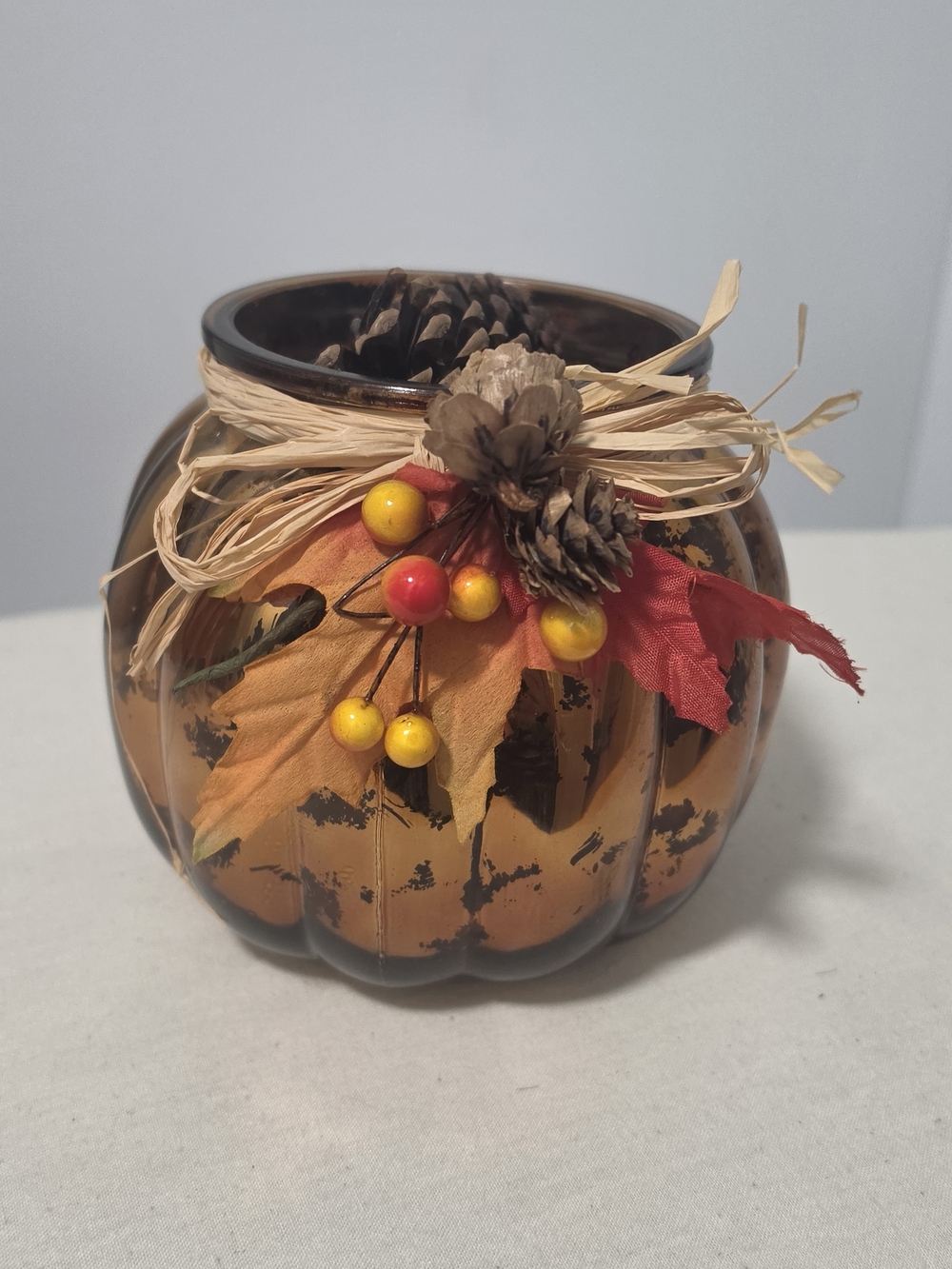 Autumn Harvest Orange Glass Pumpkin Vase with Decorative Berries